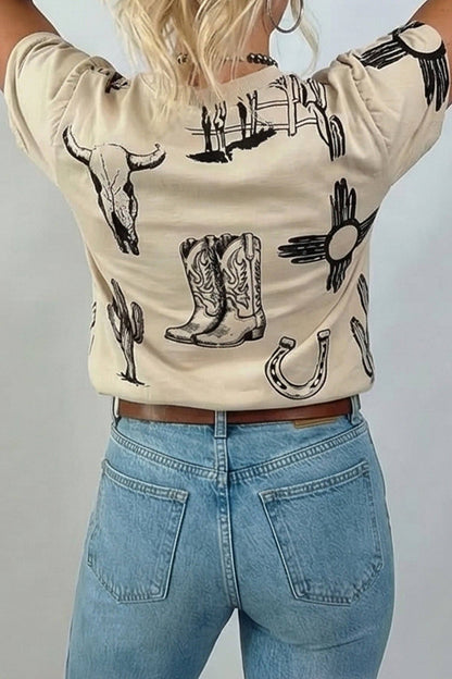 Beige Retro Western Print T Shirt: Beige / 95%Polyester+5%Elastane