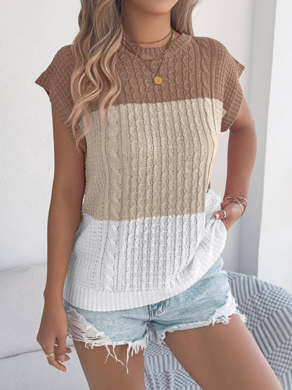 Color Block Cable Knit Short Sleeve Pullover Top: Khaki