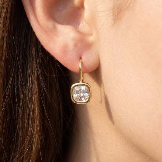 Gold Dipped Small Cushion Bezel Cz Wire Drop Earrings: GOLD