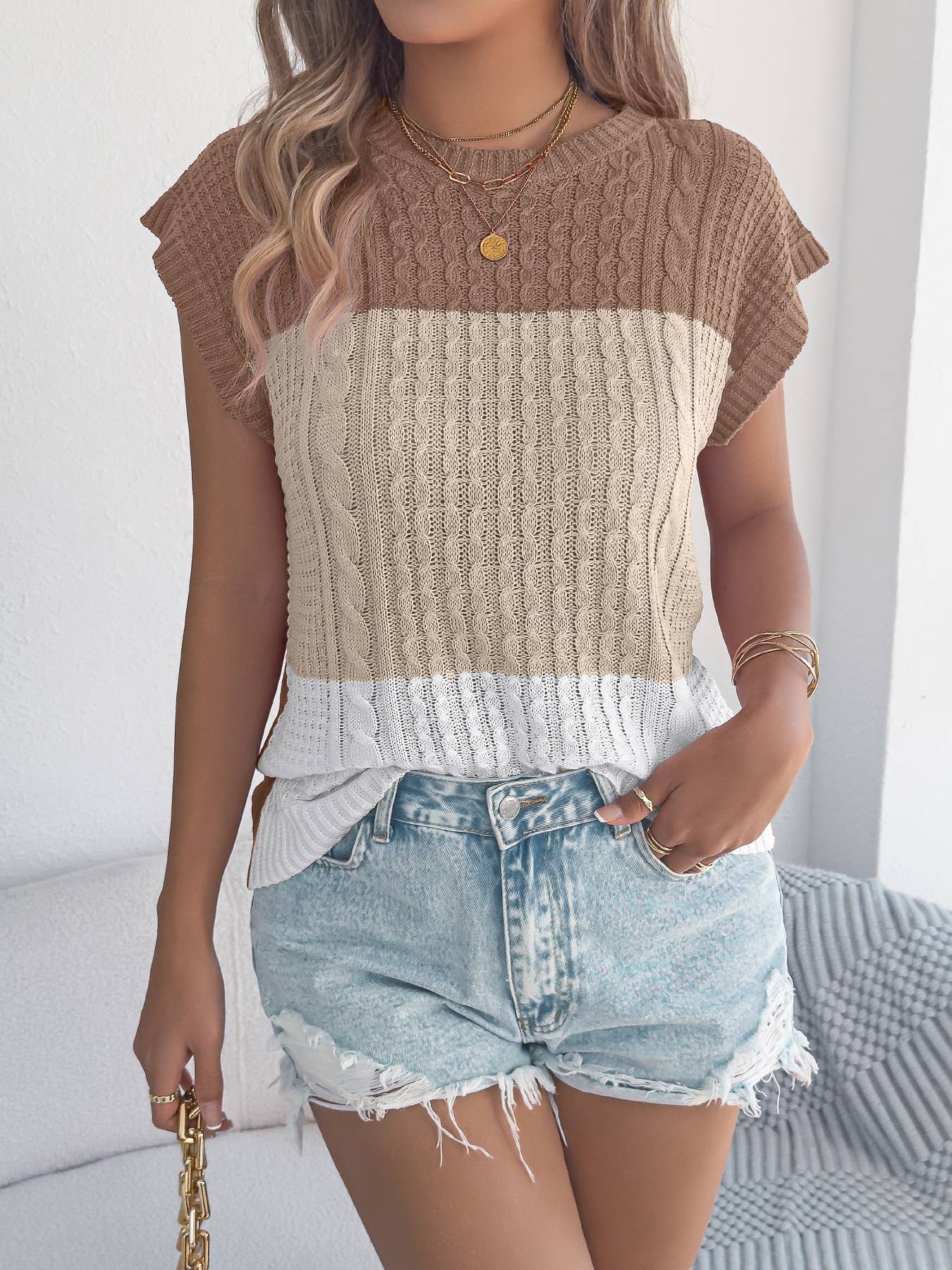 Color Block Cable Knit Short Sleeve Pullover Top: Khaki