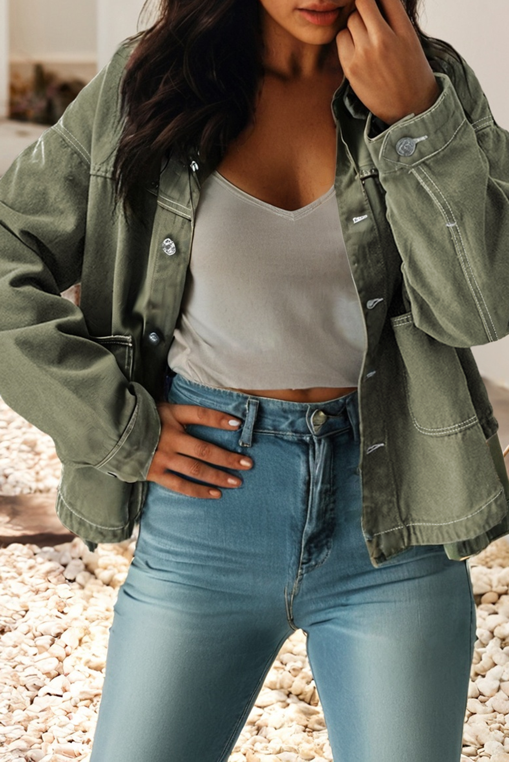 LDC Patched Pocket Collared Button Front Denim Jacket: Smoke Green