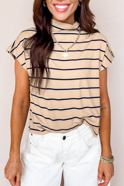 Khaki Stripe Mock Neck Short Sleeve Loose Top: Khaki Stripe / 95%Cotton+5%Elastane
