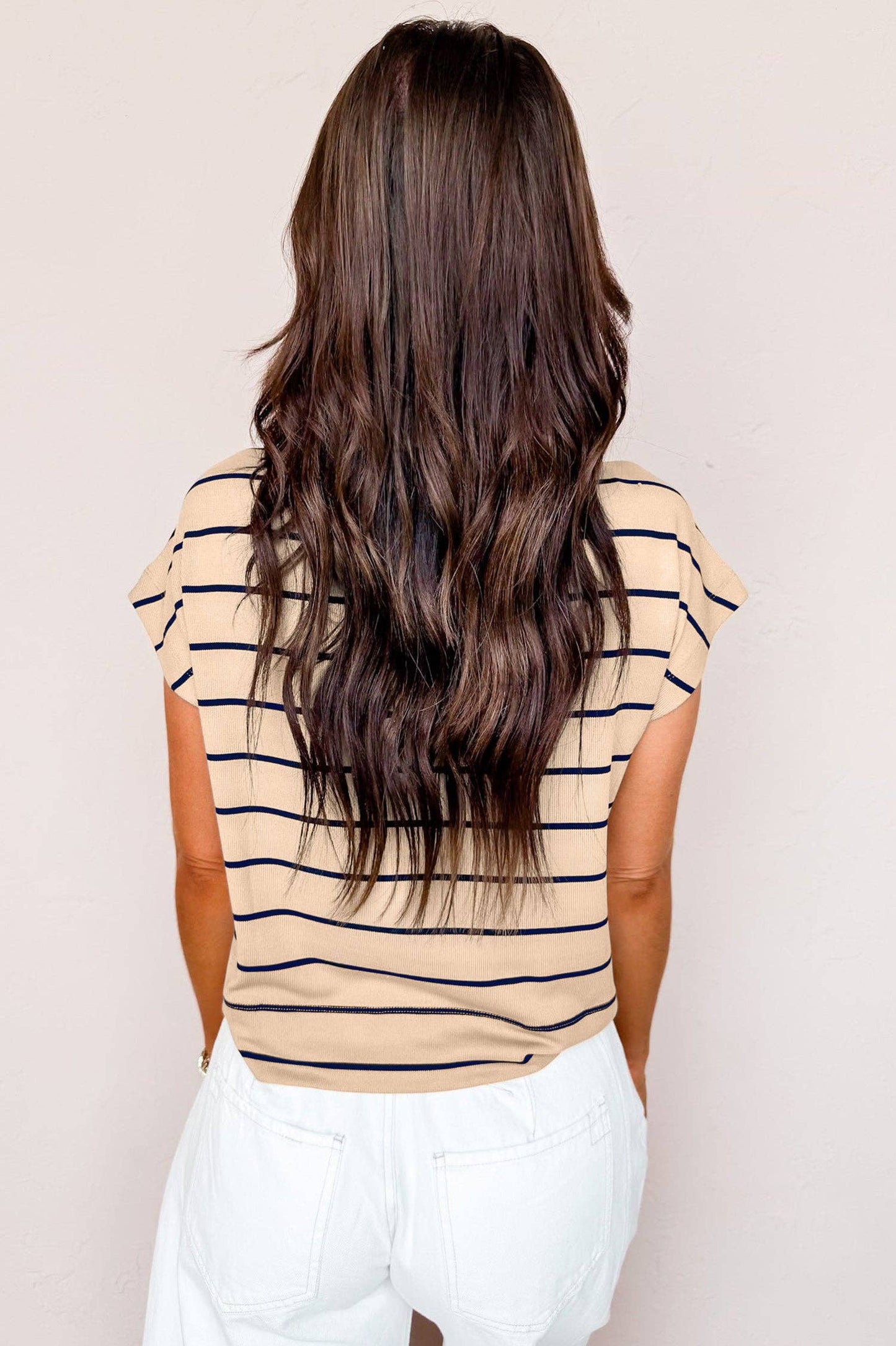 Khaki Stripe Mock Neck Short Sleeve Loose Top: Khaki Stripe / 95%Cotton+5%Elastane