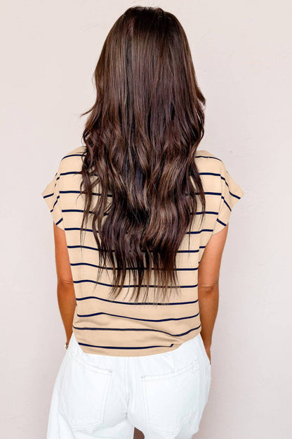Khaki Stripe Mock Neck Short Sleeve Loose Top: Khaki Stripe / 95%Cotton+5%Elastane
