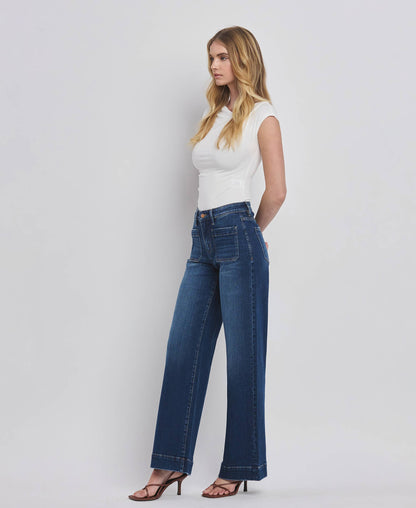 HIGH RISE PATCH POCKET TROUSER  HEM WIDE JEANS F5764D: DARK DENIM