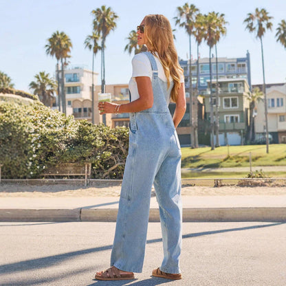 Denim Overall Wide Leg Jumpsuit With Pockets: Light Blue / 100%Polyester