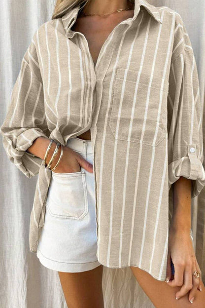 CWTBLL3995_TEMPERAMENT VERSATILE LOOSE LONG-SLEEVED SHIRT: KHAKI
