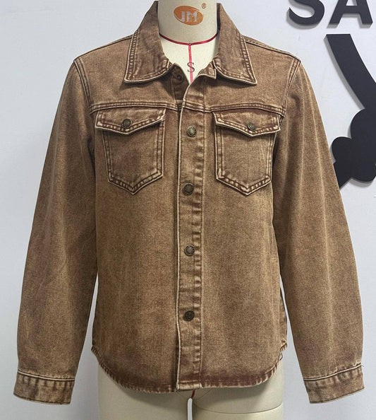 Classic lapel khaki denim jacket: Brown / L