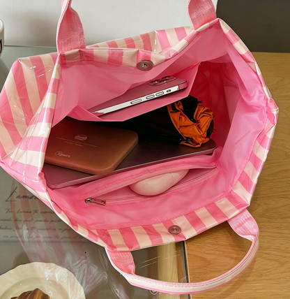 Print Striped Tote Bag Snap Plaid Waterproof Beach Bag: Pink / M