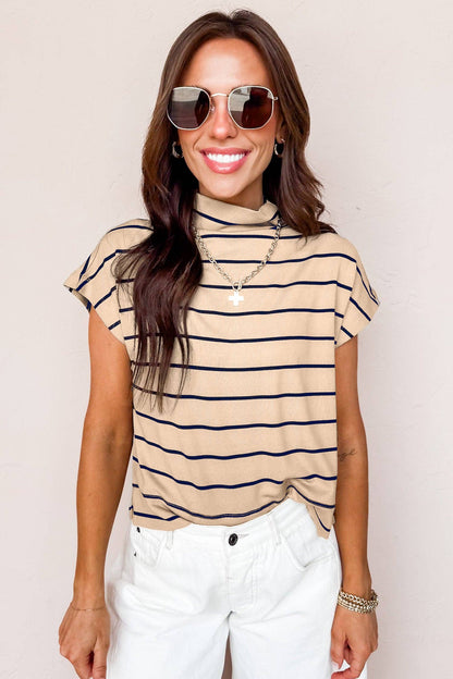 Khaki Stripe Mock Neck Short Sleeve Loose Top: Khaki Stripe / 95%Cotton+5%Elastane