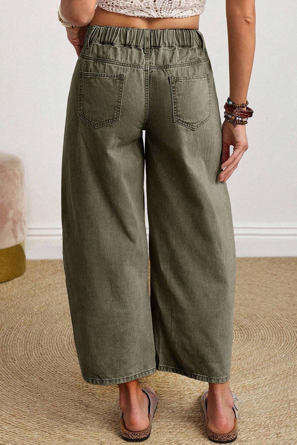 LDC Solid Square Patch Pocket Ankle-length Barrel Jeans: Four Leaf Clover