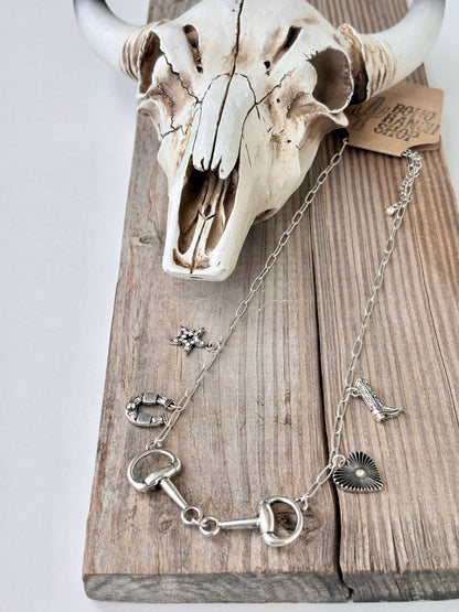 Western Charm & Horse Bit Pendant Necklace: Gold