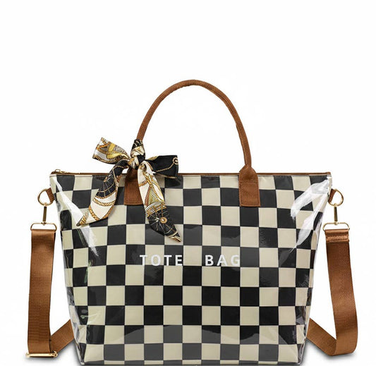 Zip Checkered tote crossbody leopard waterproof beach bag: Brown / M