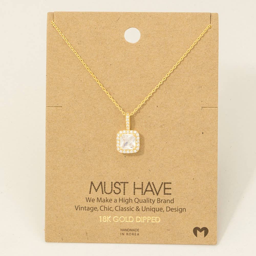 Gold Dipped Square Rhinestone Pendant Necklace: G