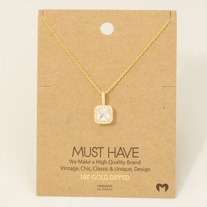 Gold Dipped Square Rhinestone Pendant Necklace: G