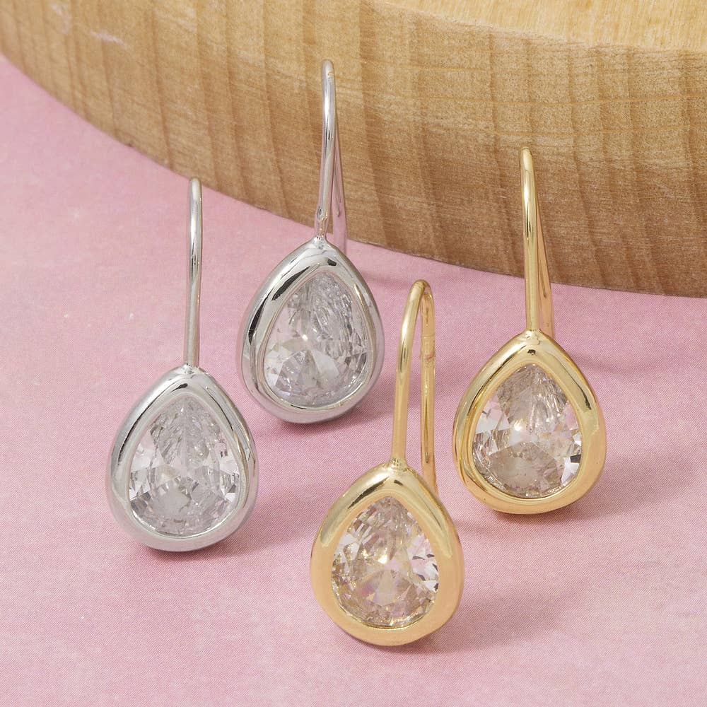 Gold Dipped Small Teardrop Bezel Cz Wire Earrings: 2SILVER