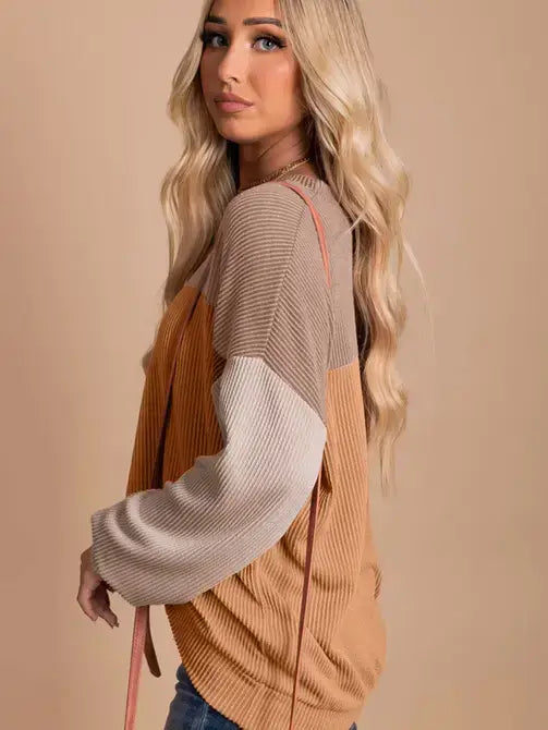 Khaki Block Long Sleeve Ribbed Loose Casual Top: Khaki / 75%Polyester+20%Viscose+5%Elastane