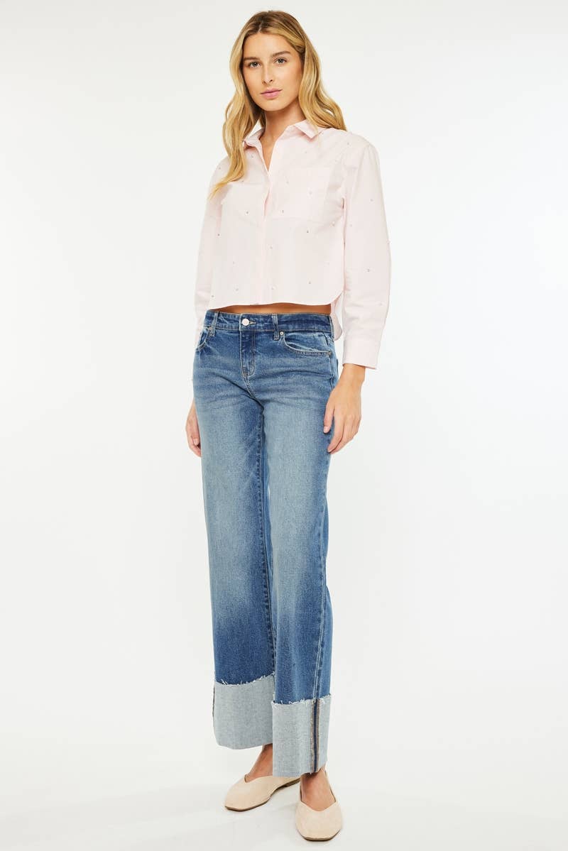 OPEN PACK MID RISE WIDE FLARE JEANS-KC78033D: DARK