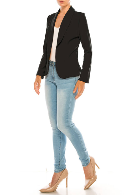 Women’s Solid Open Front Fitted Blazer Jacket – Waist Length: Black