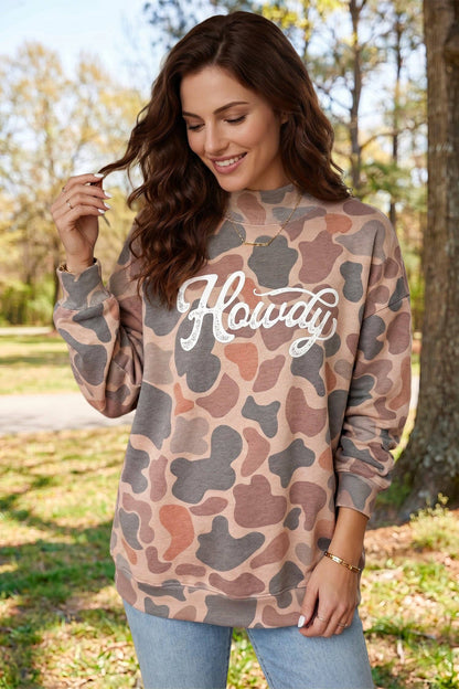 Multicolour Camo Print Howdy Western Style Baggy Pullover Sweatshirt: Multicolour / 100%Polyester
