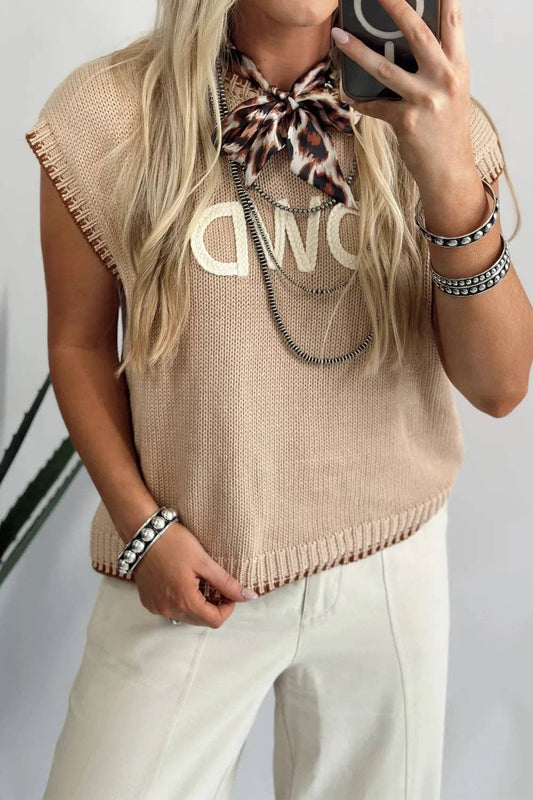 Parchment Contrast Trim Short Sleeve Knit HOWDY Western Sweater: Parchment / 100%Acrylic