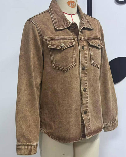 Classic lapel khaki denim jacket: Brown / L