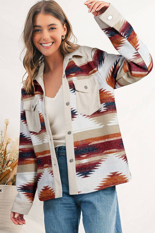 Western Geometric Print Chest Pocket Jacket | S-XL: As shown / Missy