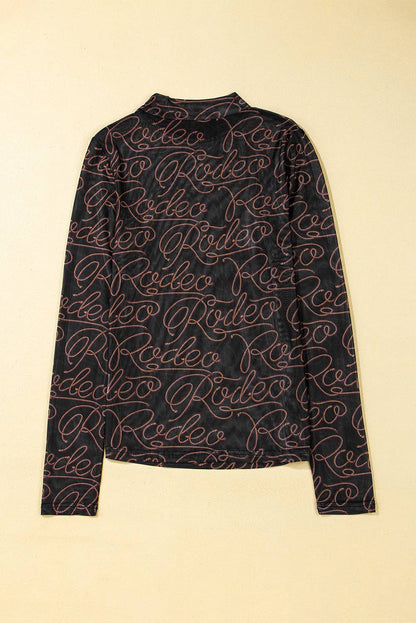 Black Western Rodeo Printed Mock Neck Long Sleeve Mesh Top: Black / 95%Polyester+5%Elastane