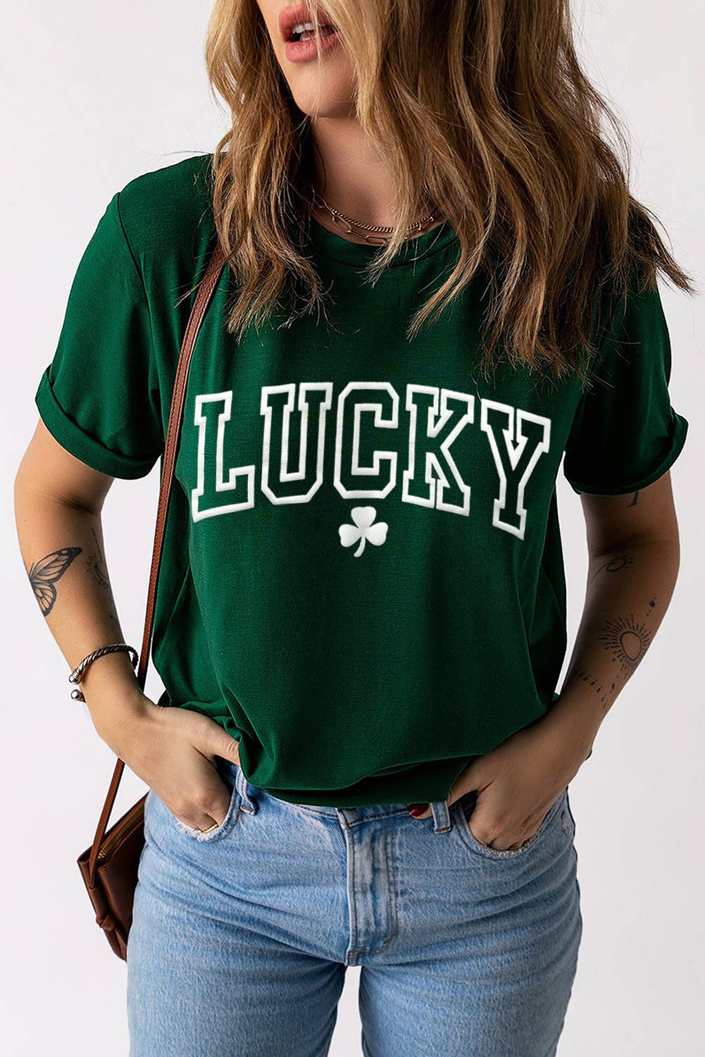 LDC LUCKY Clover Puff Print Round Neck Casual T Shirt: Green