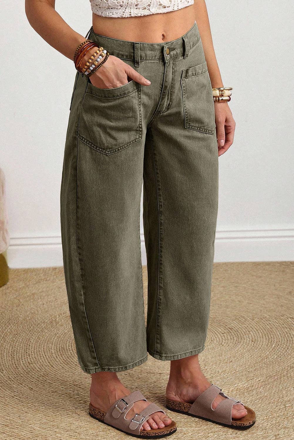 LDC Solid Square Patch Pocket Ankle-length Barrel Jeans: Four Leaf Clover