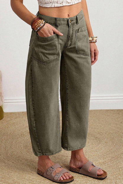 LDC Solid Square Patch Pocket Ankle-length Barrel Jeans: Four Leaf Clover