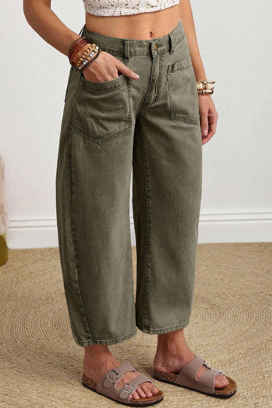 LDC Solid Square Patch Pocket Ankle-length Barrel Jeans: Four Leaf Clover