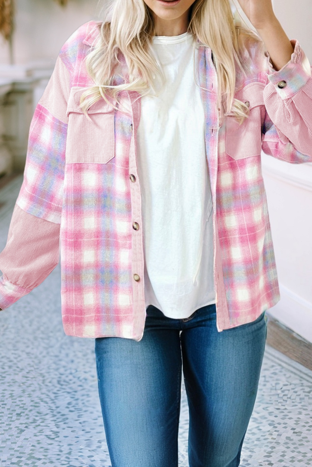 LDC Brushed Plaid Corduroy Flap Pockets Patchwork Shacket: Pink