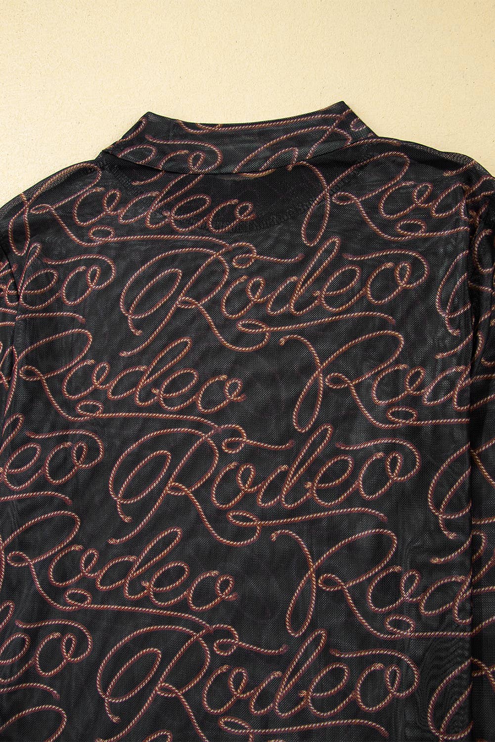 Black Western Rodeo Printed Mock Neck Long Sleeve Mesh Top: Black / 95%Polyester+5%Elastane