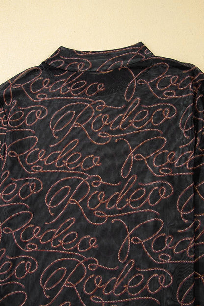 Black Western Rodeo Printed Mock Neck Long Sleeve Mesh Top: Black / 95%Polyester+5%Elastane