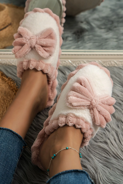 LDC Bow Decor Color Block Ribbed Plush Slippers: Fushia
