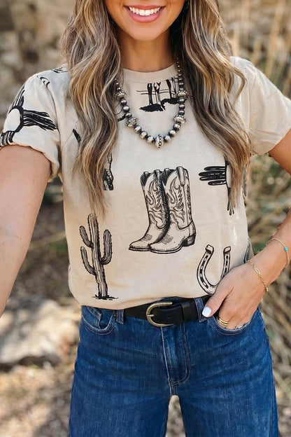 Beige Retro Western Print T Shirt: Beige / 95%Polyester+5%Elastane
