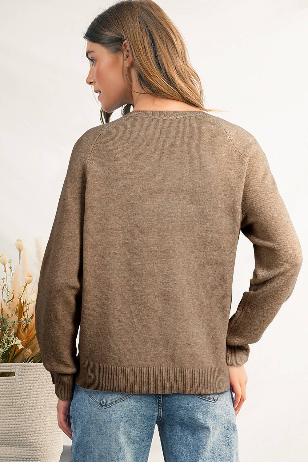 Casual Solid Buttoned Bishop Sleeve Sweater | S-XL: Khaki / Missy
