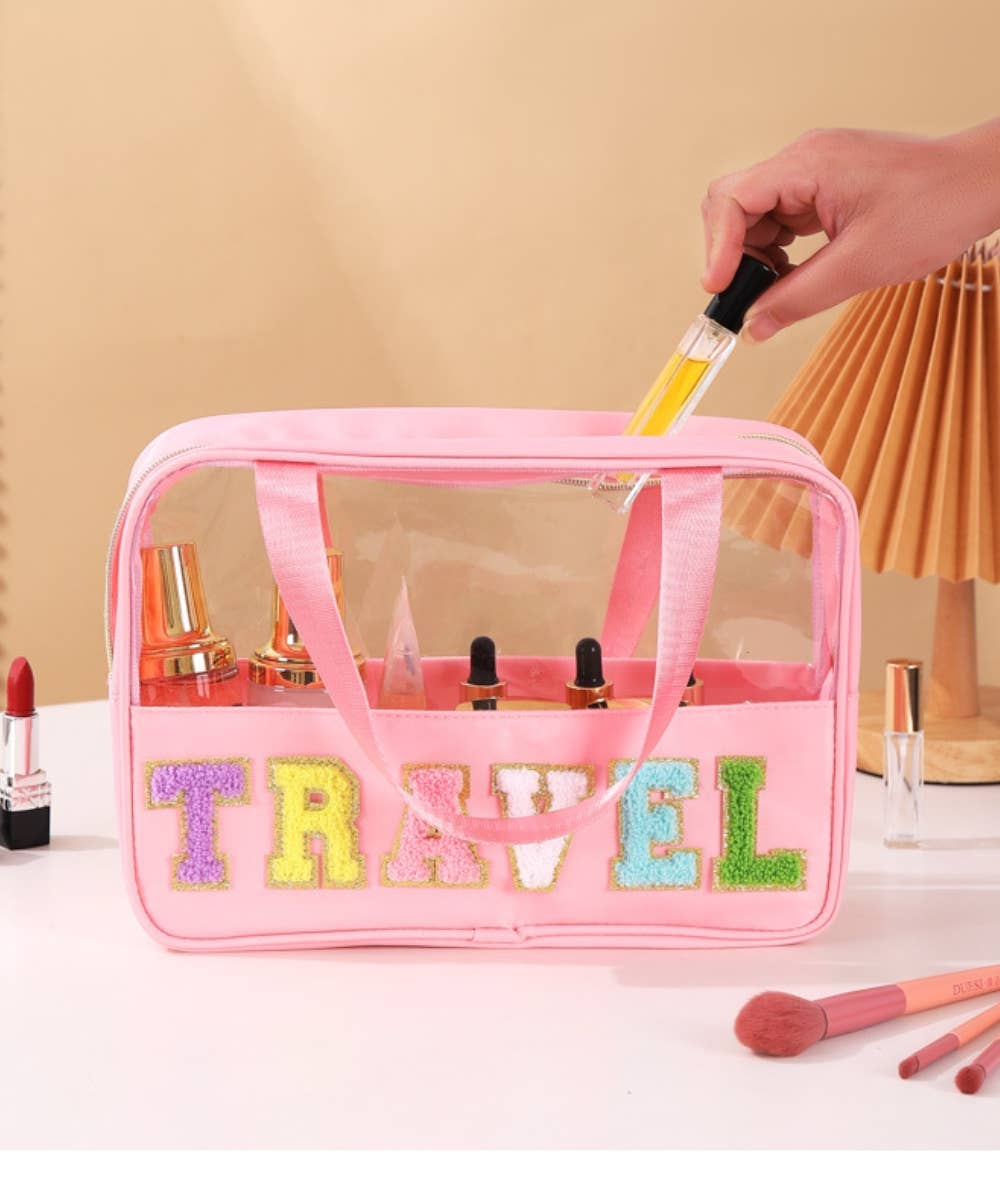 TRAVEL LETTER CLEAR MAKEUP BAG : Pink