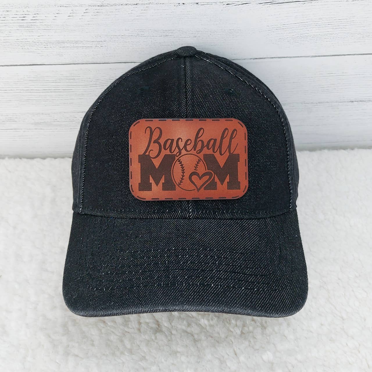 Denim Hat With Baseball Mom Leather Patch: Black denim