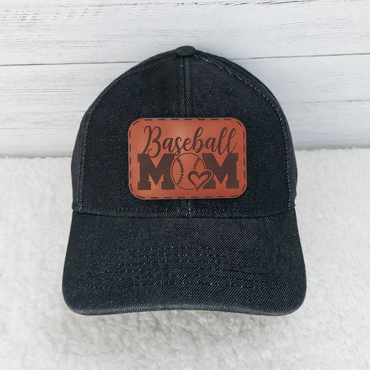 Denim Hat With Baseball Mom Leather Patch: Black denim