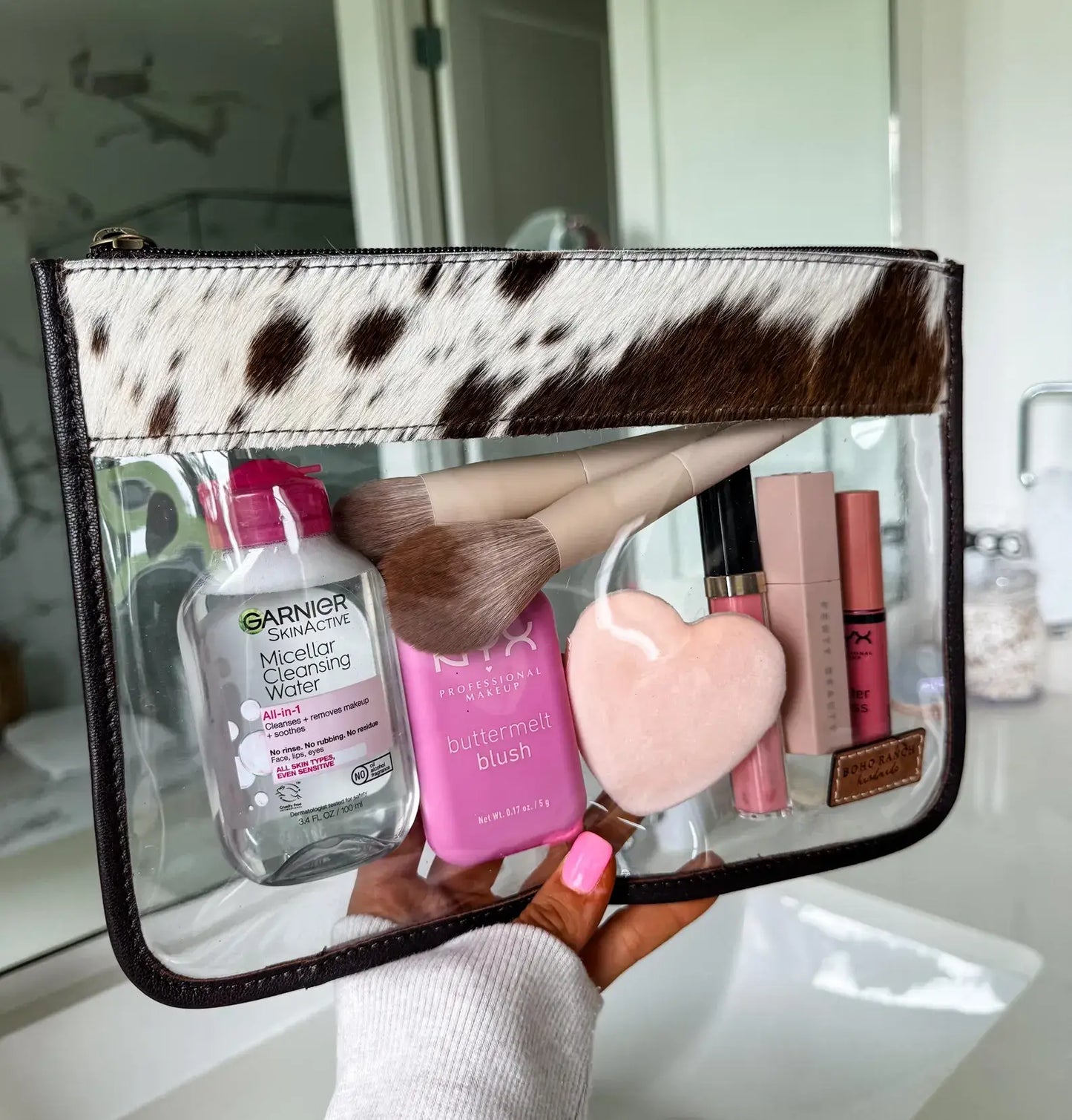 Cowhide Clear Toiletry Makeup Bag, organizer, Travel: BROWN  COWHIDE