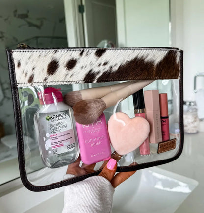 Cowhide Clear Toiletry Makeup Bag, organizer, Travel: BROWN  COWHIDE