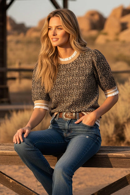 Leopard Print Knit Top with Contrast Trim: TAUPE COMBO