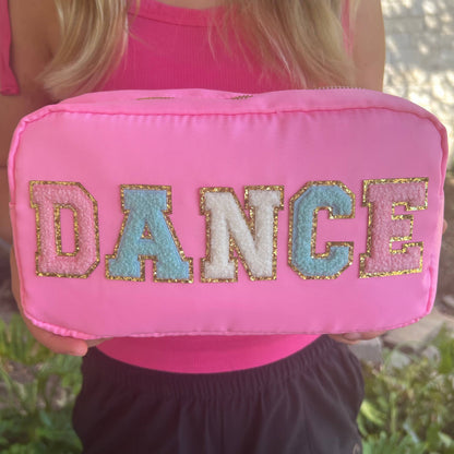 Cosmetic or Toiletry Bag with Varsity Letter Patches: Light Pink with DANCE