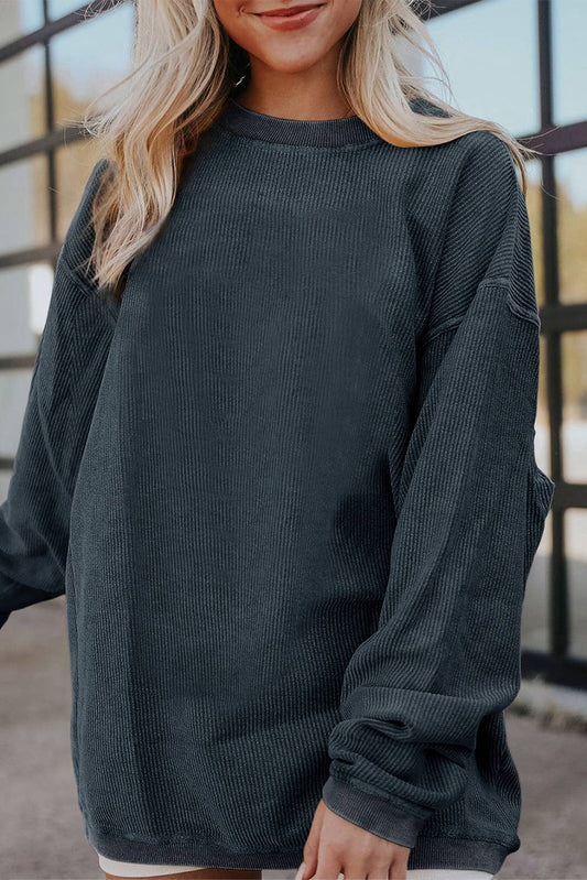 Customizable Long Sleeve Ribbed Corded Oversized Sweatshirt: Dark Gray / 100%Polyester