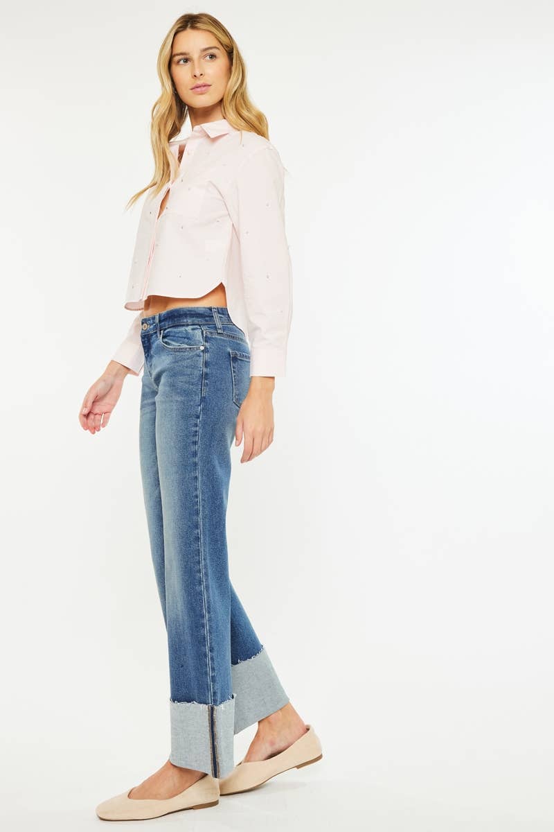 OPEN PACK MID RISE WIDE FLARE JEANS-KC78033D: DARK