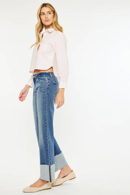 OPEN PACK MID RISE WIDE FLARE JEANS-KC78033D: DARK