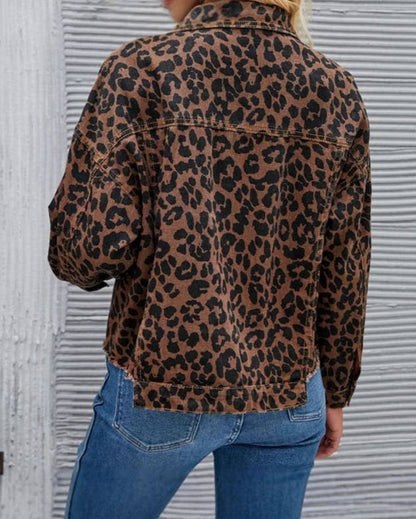 Fashion Retro Leopard Print Short Denim Jacket: Color