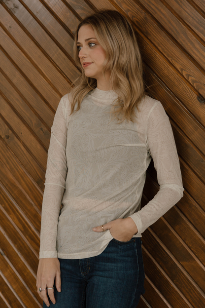 Tooled in Ivory Mesh Top: